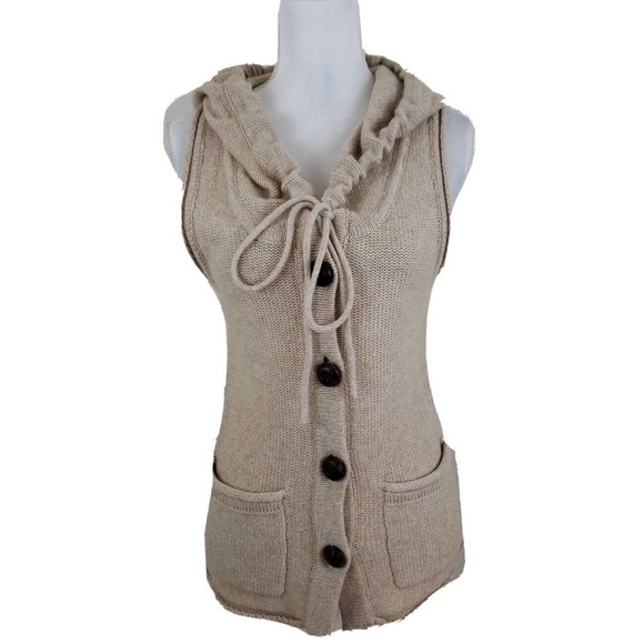 BANANA REPUBLIC ~Woman Size XS~ Beige Knit Wool Blend Button-Up Vest Hooded Top. - Picture 1 of 12